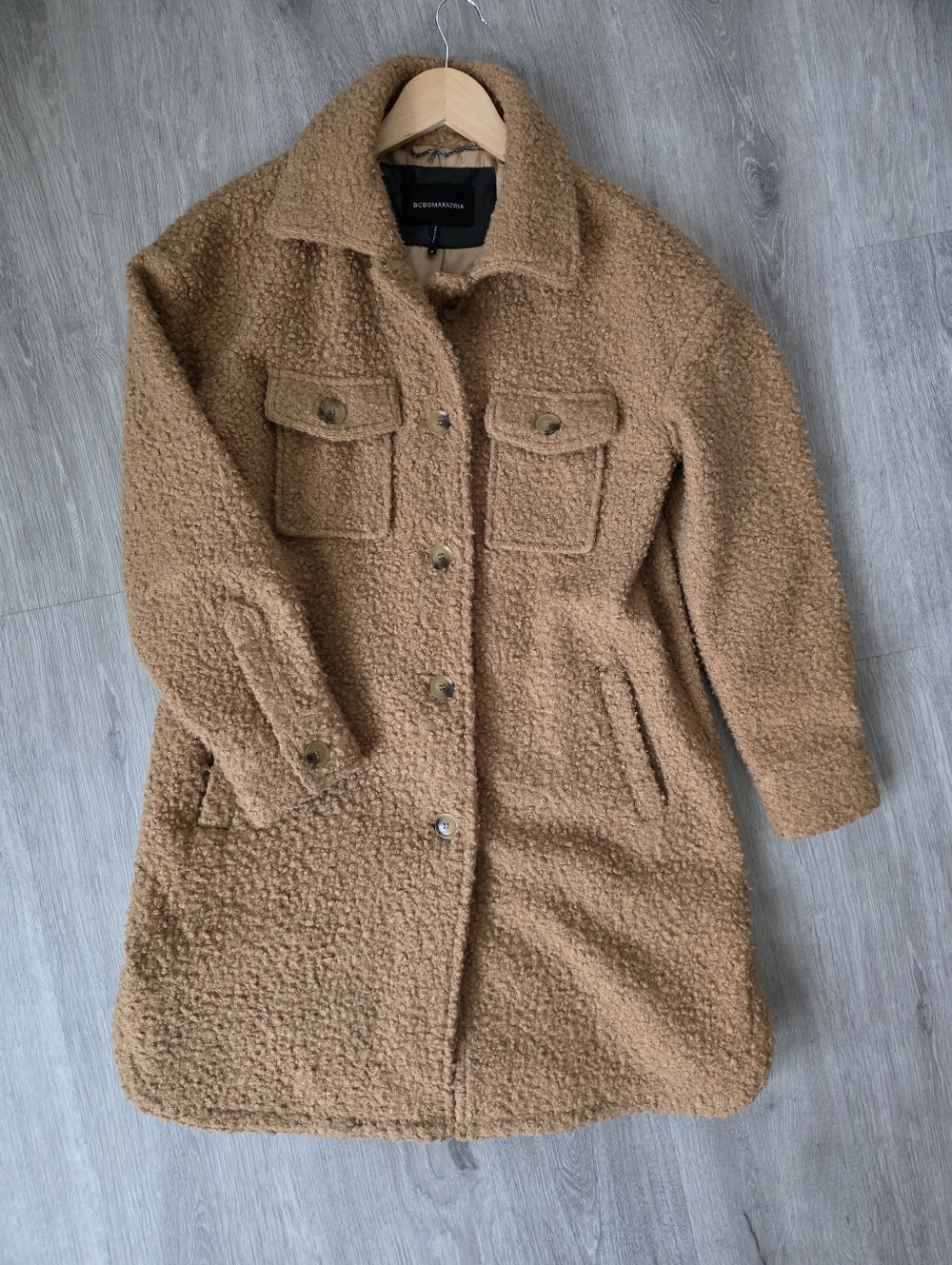 BCBGMAXAZRIA Overcoat Womens M Camel Brown Button Up Pockets Textured